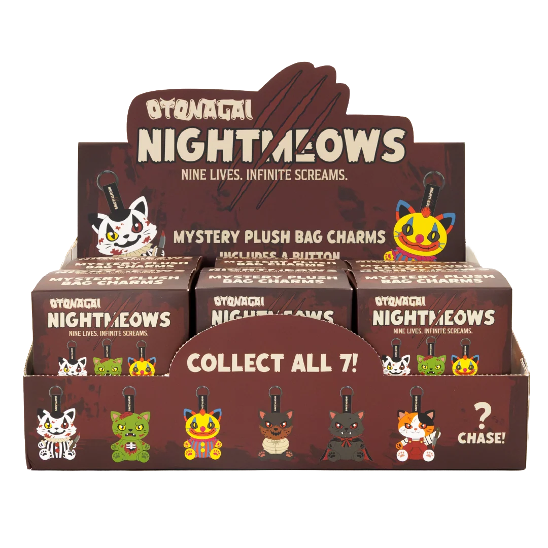 A retail display box of Otonagi Nightmeats Mystery Plush Bag Charms, showing multiple small blind-box packages arranged in a brown cardboard counter display with character illustrations and the text 'Collect All 7!'.