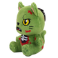 A green plush cat toy with zombie-style details, including red scratch marks, a black nose, yellow eyes, and a red-and-black chest graphic, shown on a plain white background.