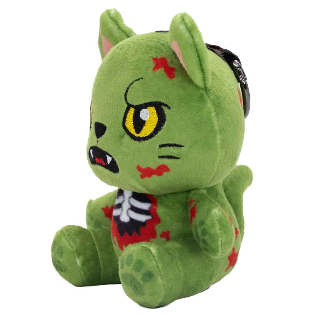 A green plush cat toy with zombie-style details, including red scratch marks, a black nose, yellow eyes, and a red-and-black chest graphic, shown on a plain white background.
