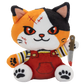 A plush toy of a horror character cat resembling Chucky, with orange, black, and white fur, red overalls, and holding a bloody knife, isolated on a white background.