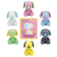 Set of colorful dog-shaped plush toys with a Peanuts-themed packaging card on a white background.