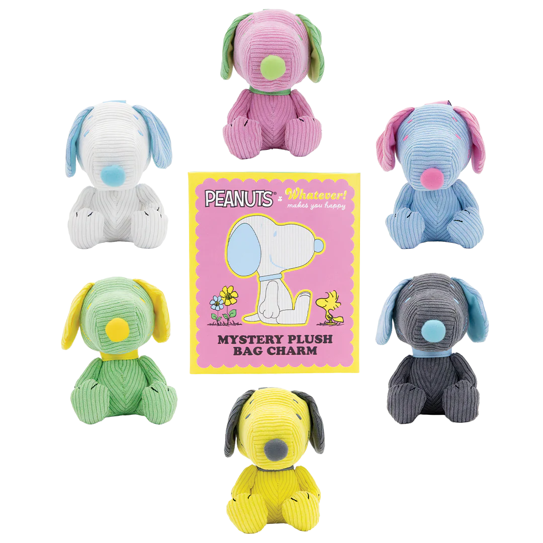 Set of colorful dog-shaped plush toys with a Peanuts-themed packaging card on a white background.