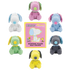 Set of colorful dog-shaped plush toys with a Peanuts-themed packaging card on a white background.