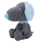 Gray plush dog toy with blue ears and nose on a white background