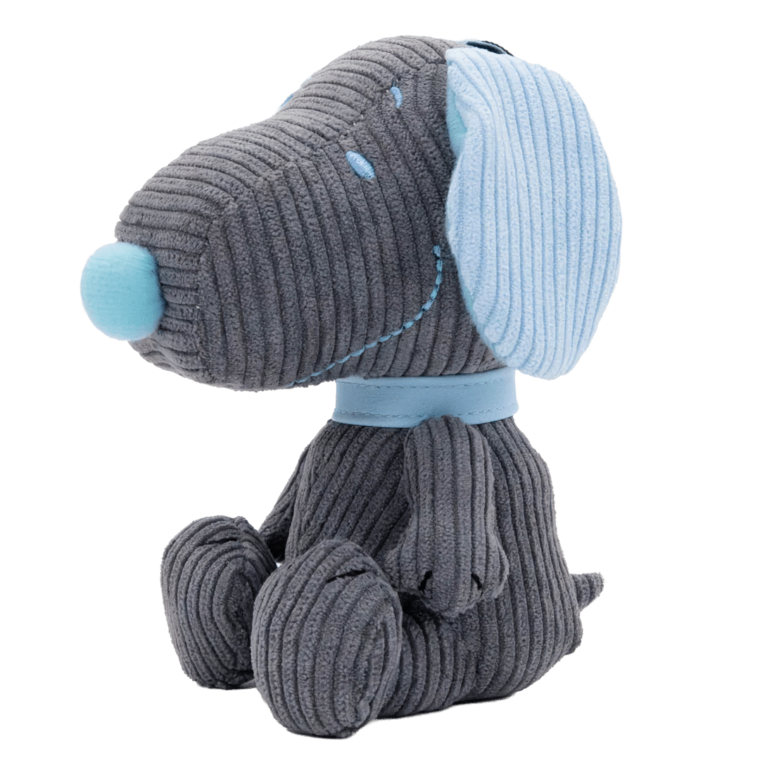 Gray plush dog toy with blue ears and nose on a white background
