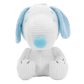 White plush dog toy with blue accents on a white background