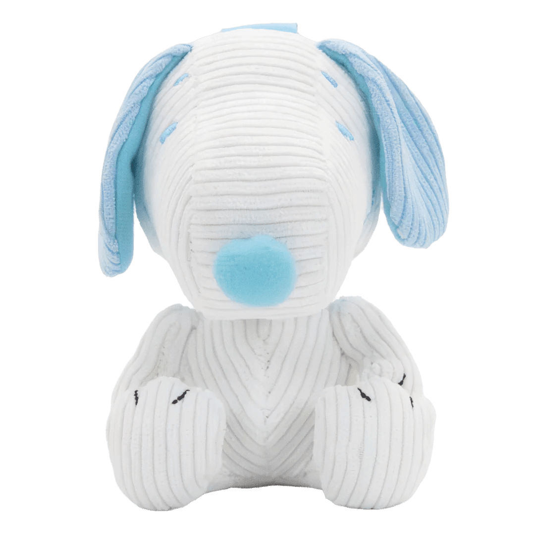 White plush dog toy with blue accents on a white background