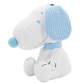White plush dog toy with blue accents on a white background