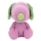 Pink plush dog toy with green accents on a white background