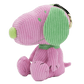 Pink plush dog toy with green accents on a white background