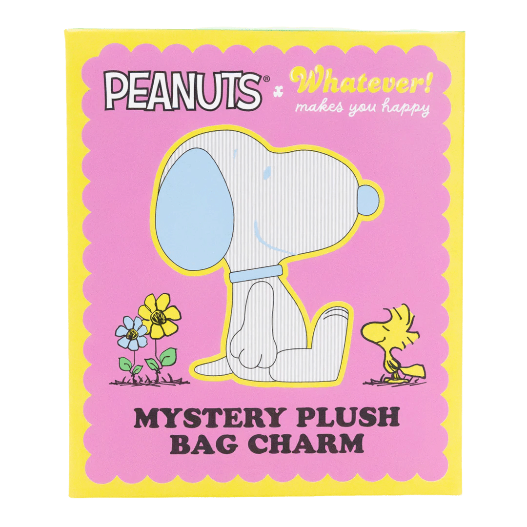 Peanuts-themed packaging for a mystery plush bag charm with Snoopy and Woodstock.