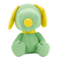Green plush dog toy with yellow accents on a white background