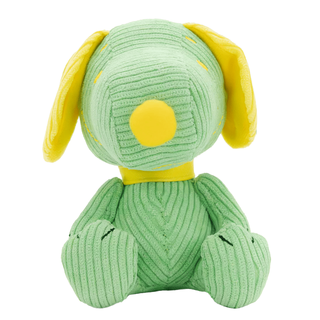 Green plush dog toy with yellow accents on a white background