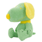Green plush dog toy with yellow accents on a white background