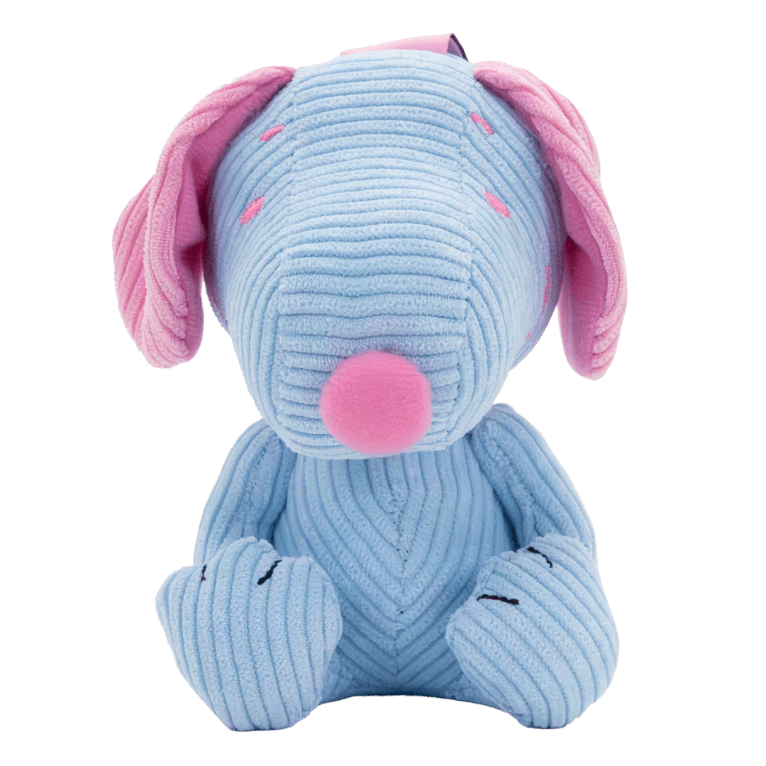 Blue plush dog toy with pink ears and nose on a white background
