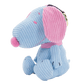Blue and pink plush dog toy with a keychain on a white background