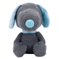 Gray plush dog toy with blue ears and nose on a white background