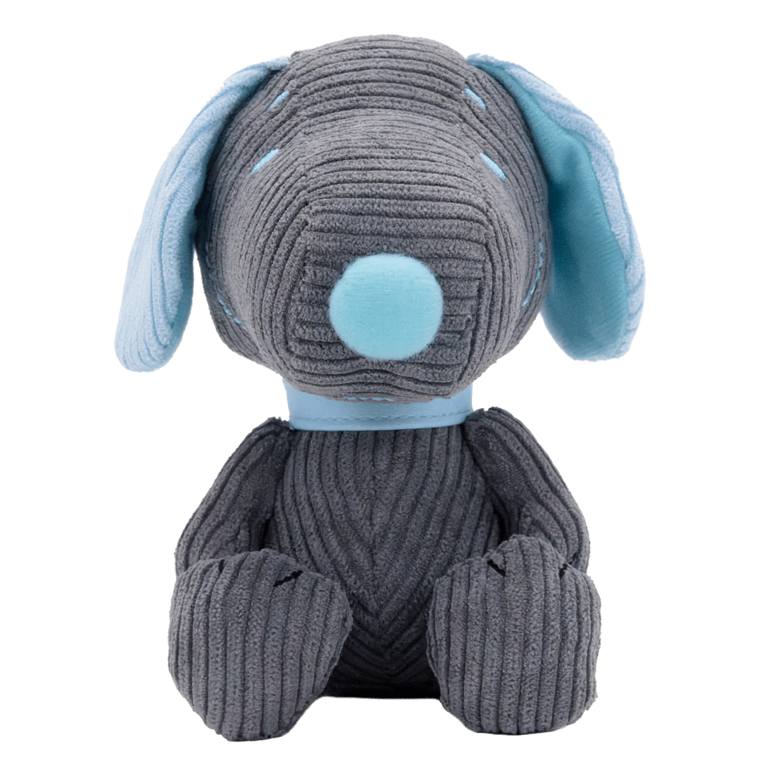 Gray plush dog toy with blue ears and nose on a white background