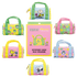 Set of colorful coin bag charms with Peanuts character designs on a white background.