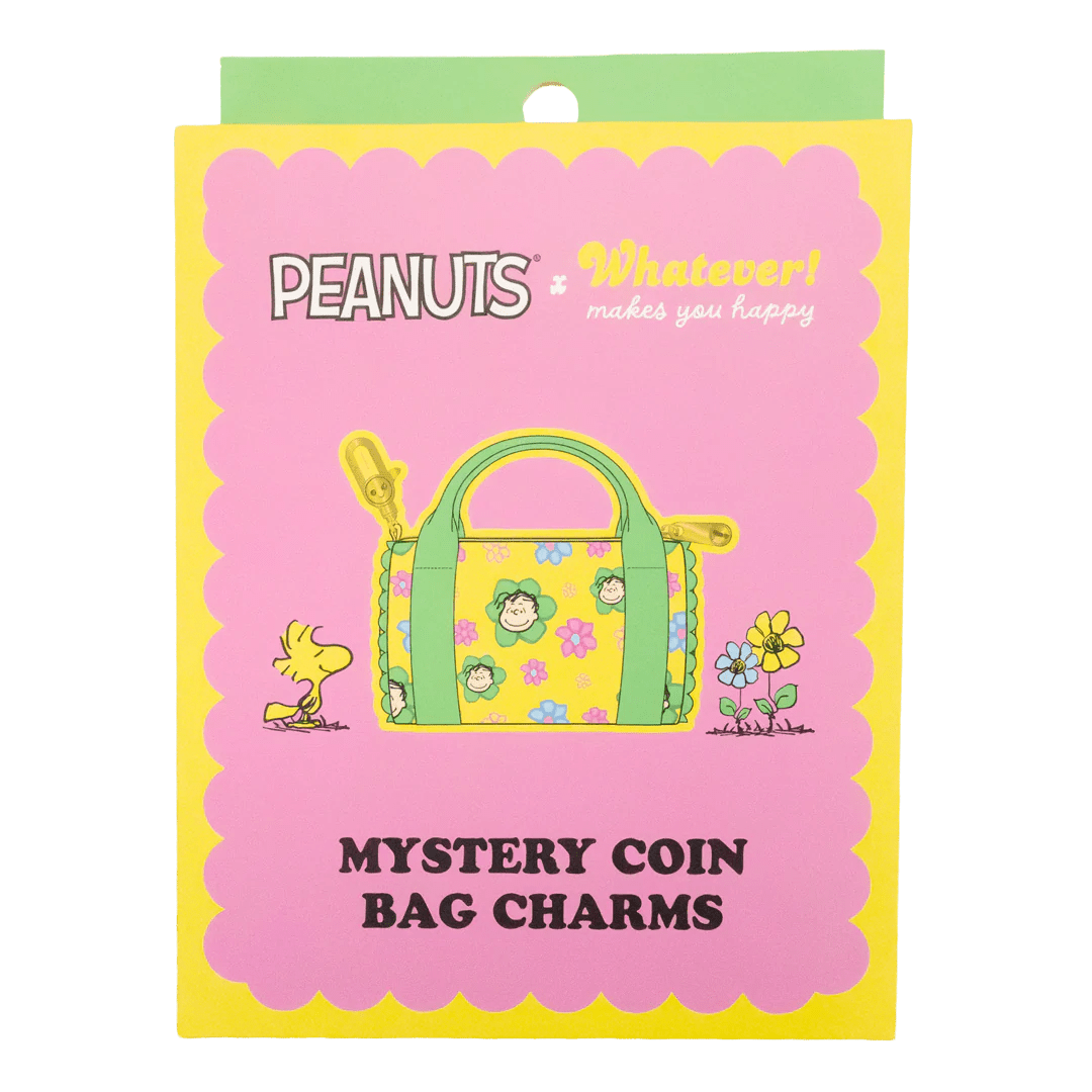 Packaged mystery coin bag charms with a cartoon design on a pink background