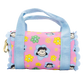 Pink roll-up bag with cartoon characters and flowers on a white background