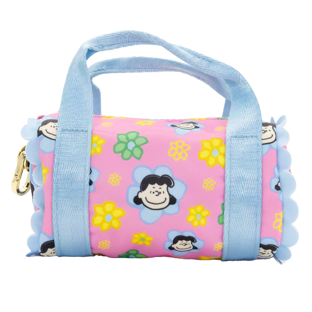 Pink roll-up bag with cartoon characters and flowers on a white background