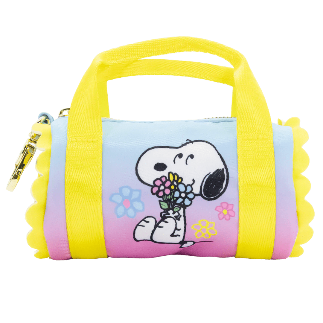 Small bag with a cartoon character holding flowers on a white background