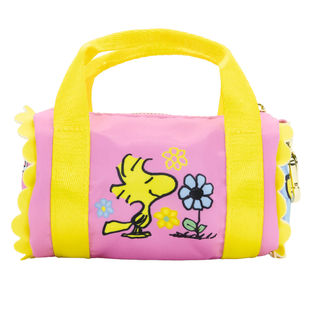 Pink and yellow bag with cartoon character and flowers on a white background