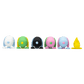 Colorful cartoon-like figures arranged in a row on a white background