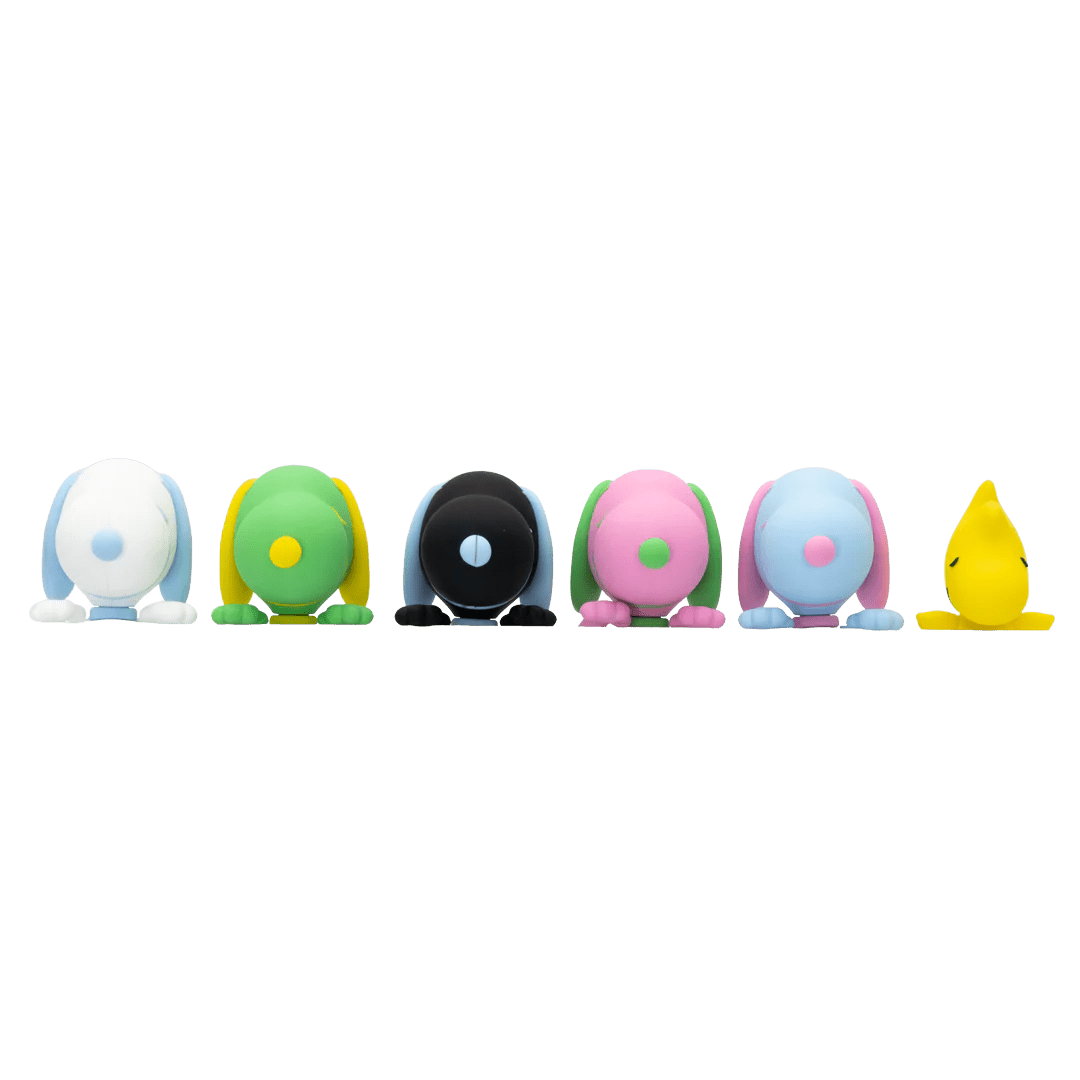 Colorful cartoon-like figures arranged in a row on a white background
