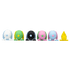 Colorful cartoon-like figures arranged in a row on a white background