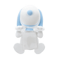 White plush toy with blue accents on a white background