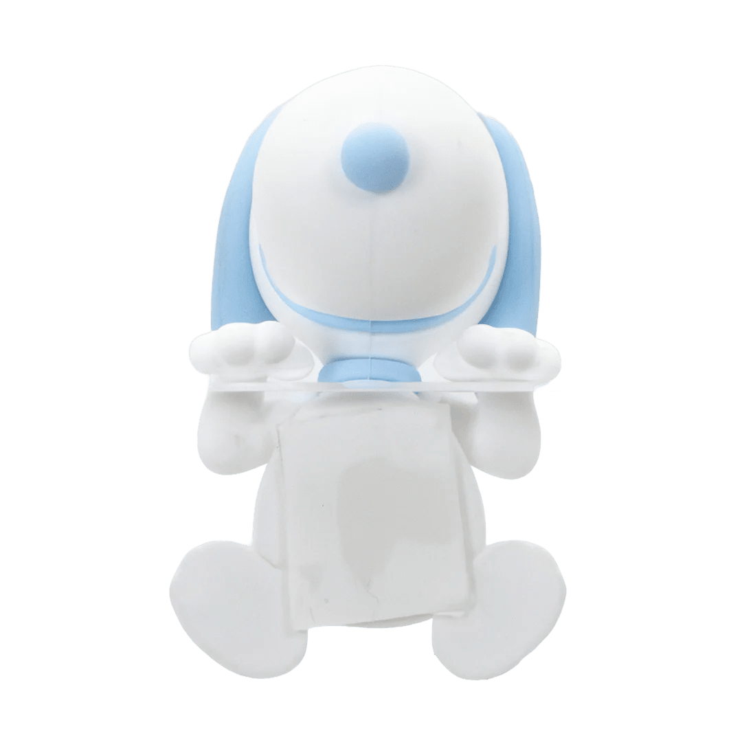 White plush toy with blue accents on a white background