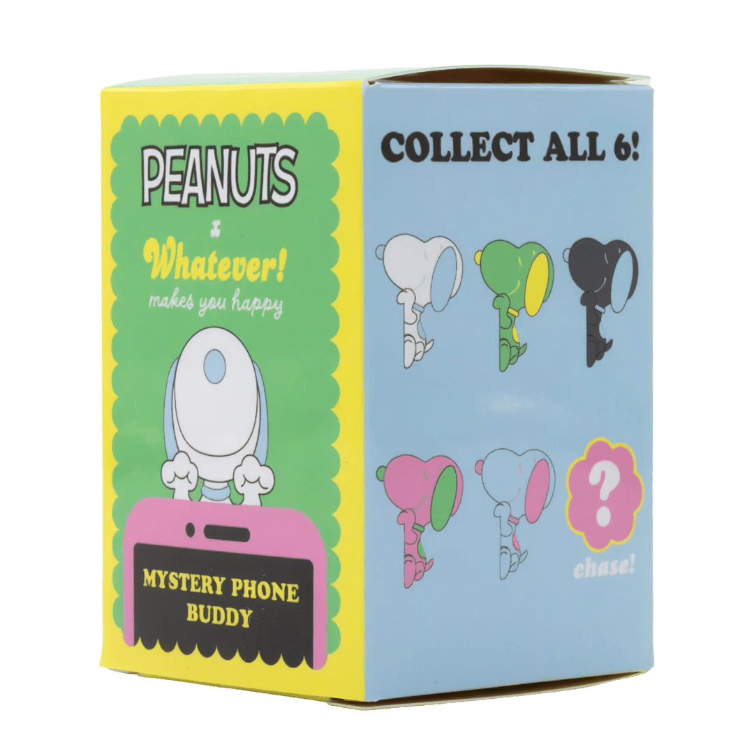 Peanuts-themed mystery phone buddy packaging with cartoon characters on a white background