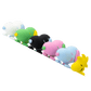 Colorful plush toys arranged in a row on a white background