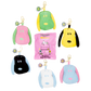Set of colorful keychains shaped like cartoon characters on a white background