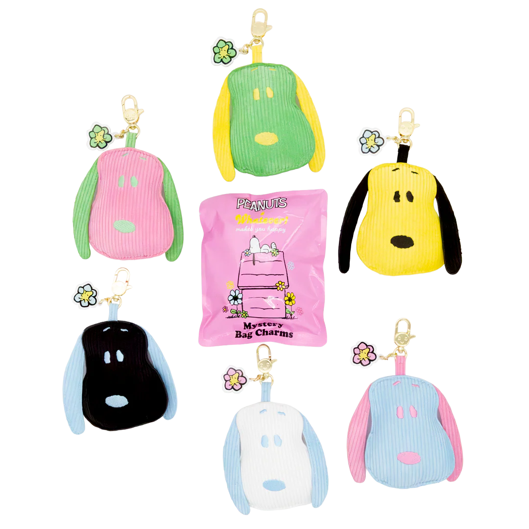 Set of colorful keychains shaped like cartoon characters on a white background