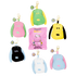 Set of colorful keychains shaped like cartoon characters on a white background
