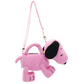 Pink dog-shaped handbag with a strap on a white background