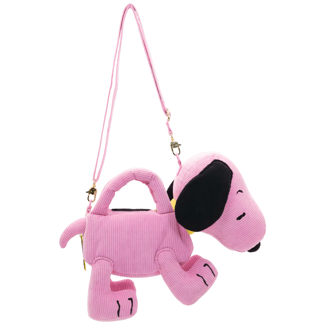 Pink dog-shaped handbag with a strap on a white background