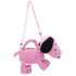Pink dog-shaped handbag with a strap on a white background