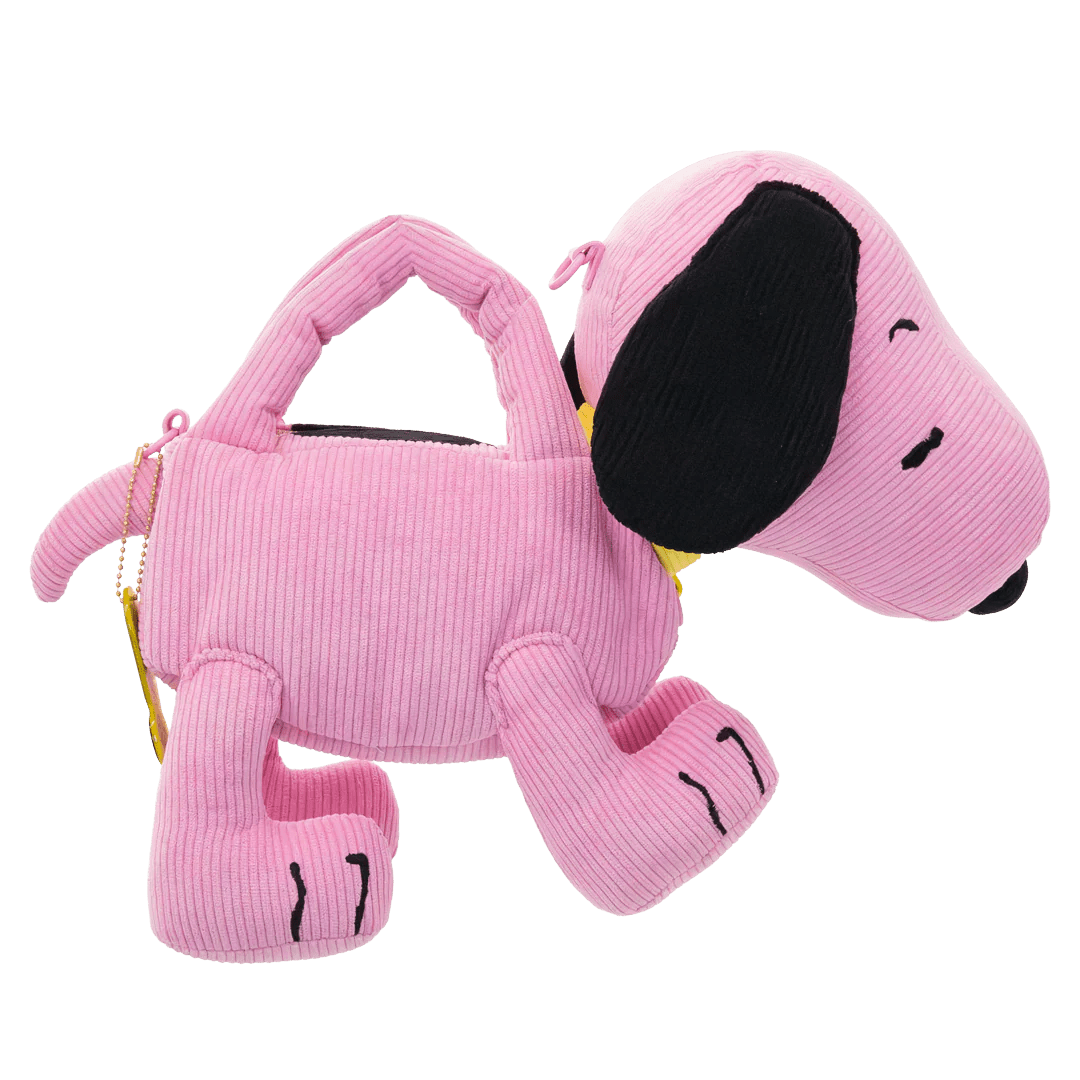 Pink dog-shaped bag with a small pink pouch on a white background
