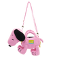 Pink dog-shaped handbag with a strap on a white background