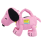 Pink plush dog toy with a visible label on a white background