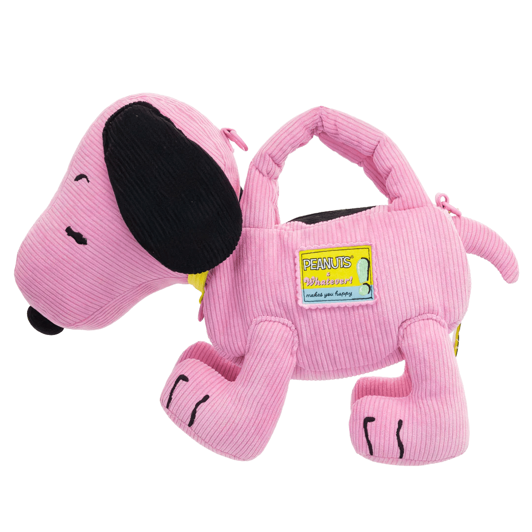 Pink plush dog toy with a visible label on a white background