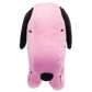 Pink plush dog toy with black ears and nose on a white background