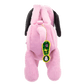 Pink plush toy with a tag on a white background