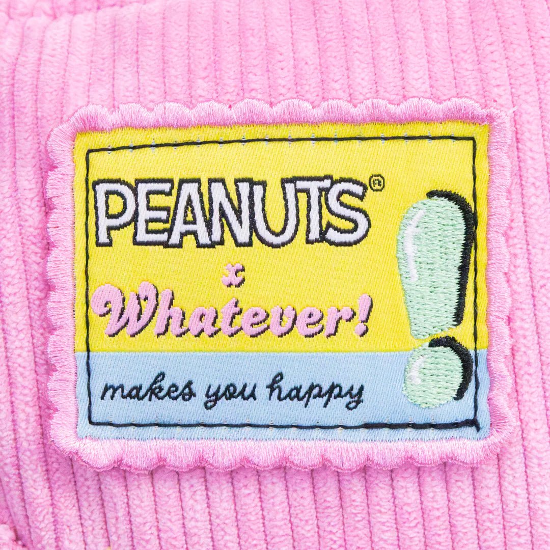 Pink fabric with a 'Peanuts Whatever! makes you happy' patch
