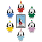 Six small Snoopy plush toys wearing different colorful winter jackets and hats are arranged around a central package label on a plain white background. The center label reads 'PEANUTS Easter Mystery Plushie Bag Charm.