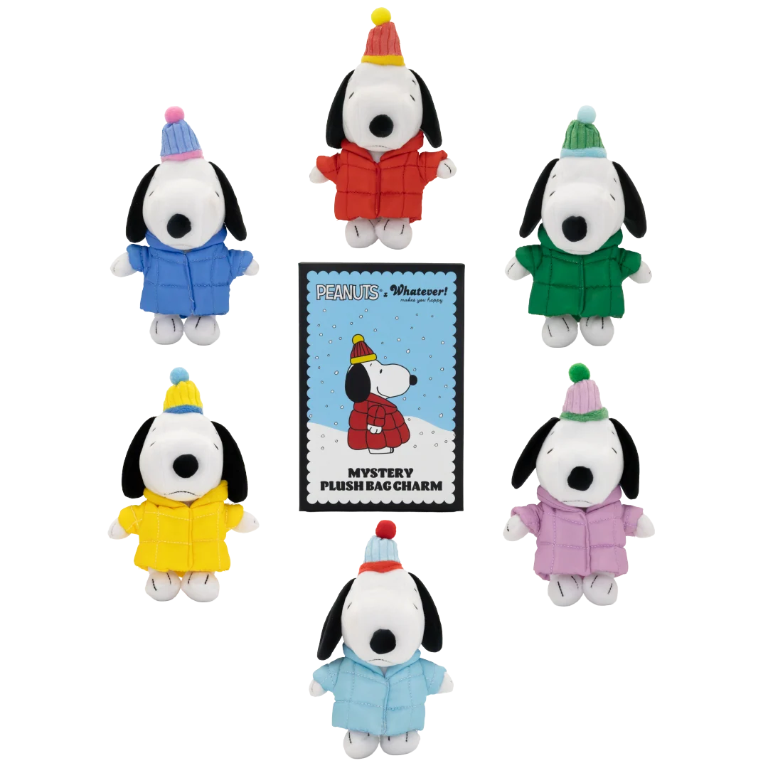 Six small Snoopy plush toys wearing different colorful winter jackets and hats are arranged around a central package label on a plain white background. The center label reads 'PEANUTS Easter Mystery Plushie Bag Charm.